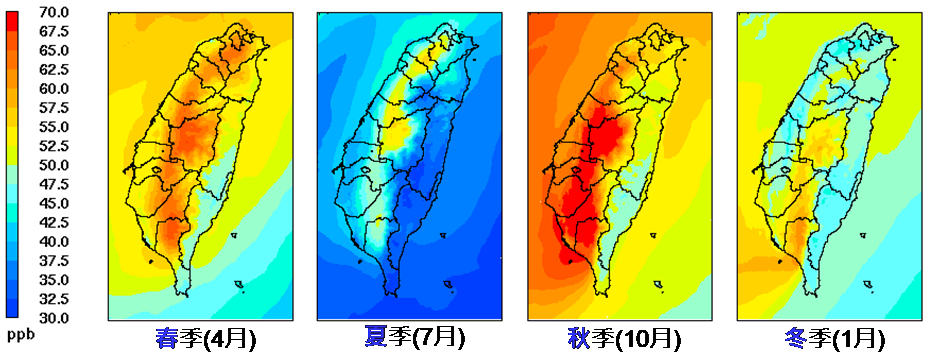 各季節每日最大八小時臭氧( O3-8h )平均濃度之空間分布(以1、4、7及10月分別代表冬、春、夏、秋四季)