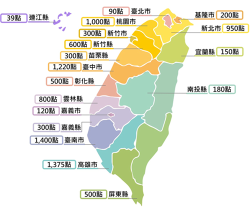 各縣市布建感測器數量情形(地圖未列106年驗證應用概念200點感測器)